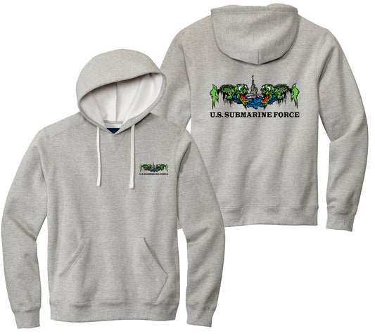 A gray hoodie with a front pouch pocket, featuring a graphic on the front showing a dolphin with a human hand and the text 'U.S.