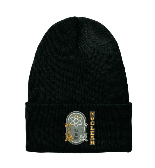 Black beanie with a nuclear-themed logo on the cuff.