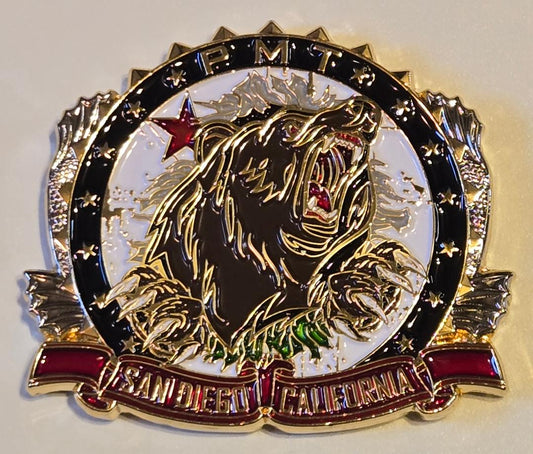 Metallic badge with a bear design and 'San Diego California' text on a white background