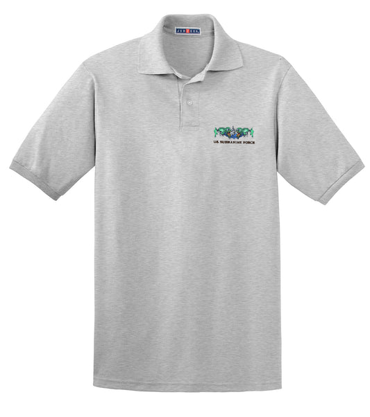 A gray polo shirt with a collar, featuring a small logo on the front left showing dolphins and the text 'Z-Dolphins'. The shirt is presented with a visible tag-free label.
