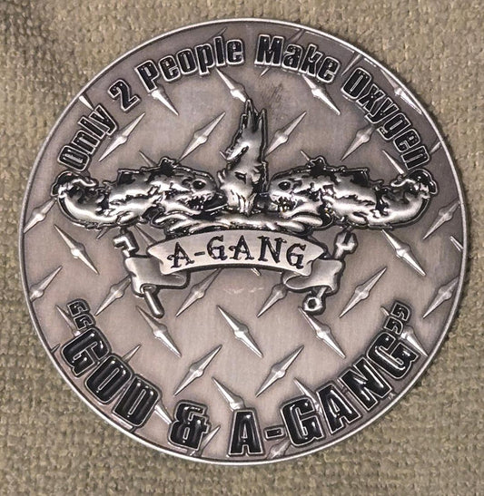 Metallic coin with text and graphics on a textured background