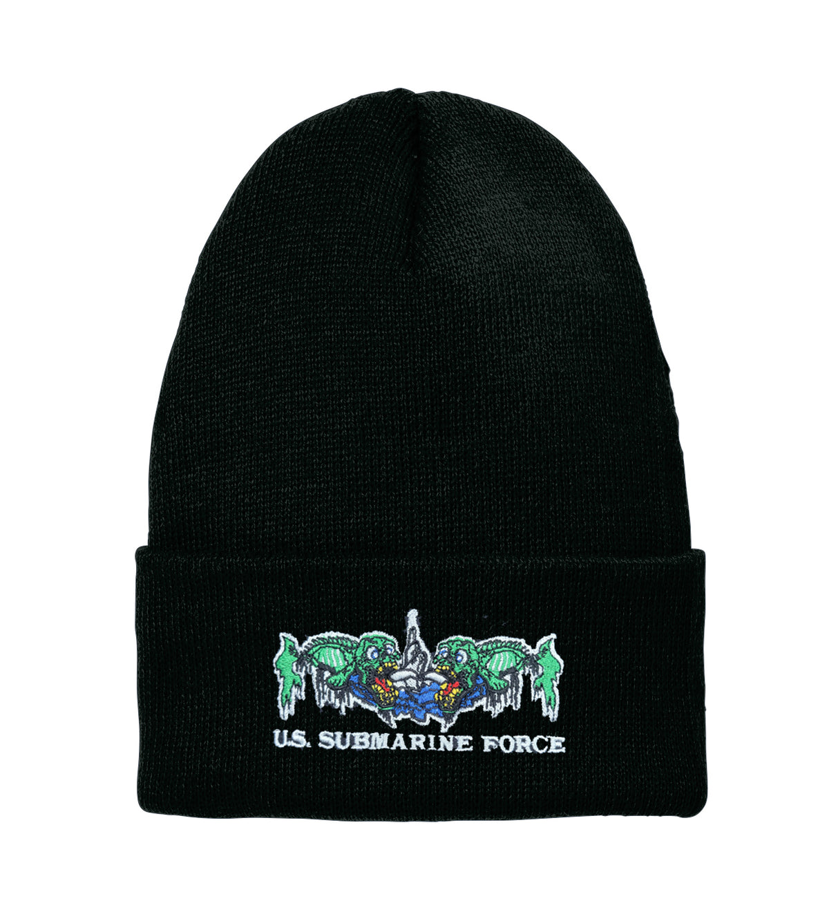 Black beanie with a logo on the cuff depicting dolphins and 'U.S. SUBMARINE FORCE' text.