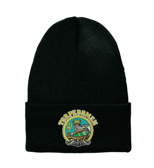 A black beanie with a logo on the front displaying a stylized sea creature and the text 'Torpedoman'.