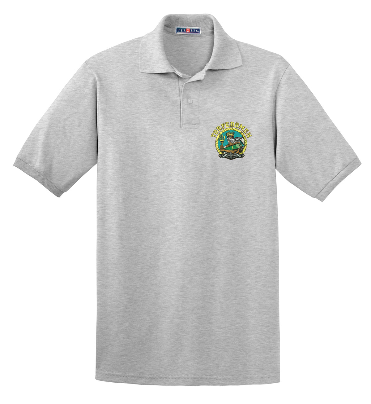 A gray polo shirt with a collar, buttons down the front, and a logo on the left chest area.