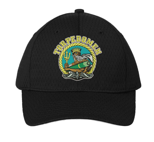 A black baseball cap with a logo depicting a torpedo launching from a submarine, and the text 'Torpedoman' above it.