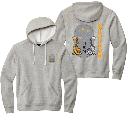 A gray hoodie with 'NUCLEAR' text and a stylized design resembling a mushroom cloud and a tiger on the front, paired with a gray drawstring bag.