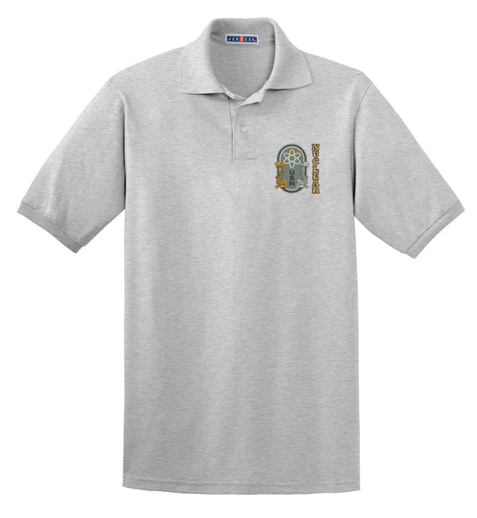 A gray polo shirt with a collar, featuring a small emblem on the left chest area.